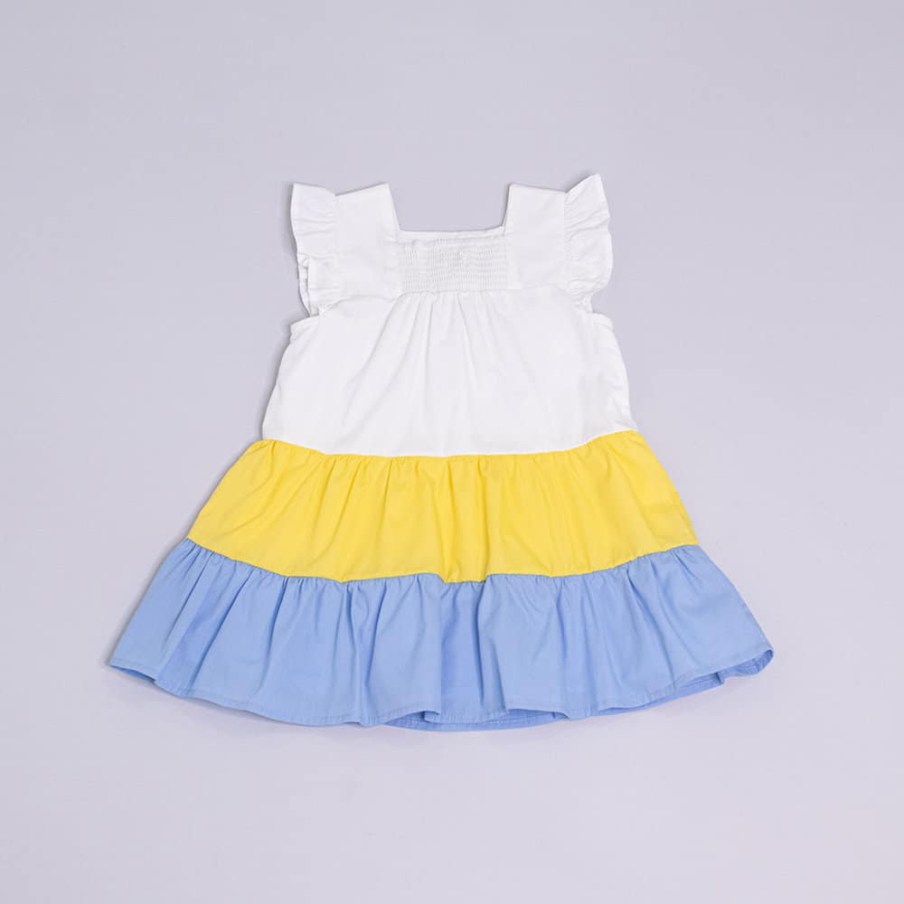 EPK Summer Girls’ Dress with Ruffles - Color Block Style in White, Yellow, and Blue