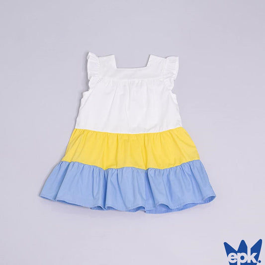 EPK Summer Girls’ Dress with Ruffles - Color Block Style in White, Yellow, and Blue